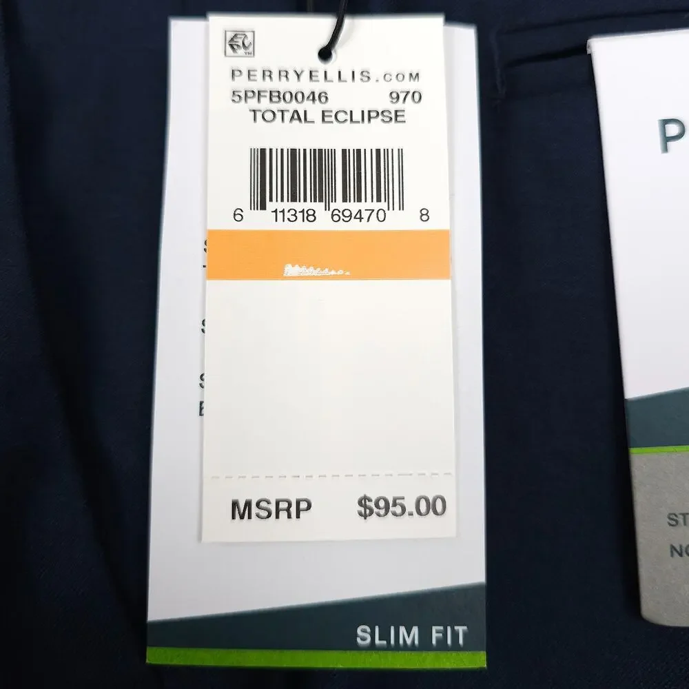 Perry Ellis Mens Slim Fit Dress Pants 38x32 Dark Blue Solid Stretch Micro Twill